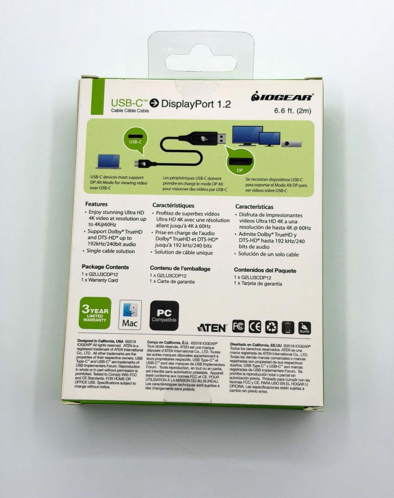 🆕 IOGEAR USB-C to DisplayPort 1.2 Cable 6.6 ft (2m) | 4K@60Hz | HDR | New