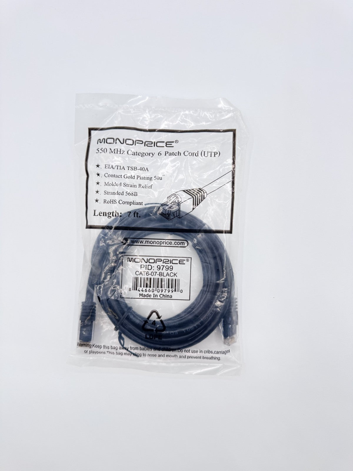 🆕 Monoprice 9799 Cat6 Ethernet Patch Cable 7ft Black RJ45 UTP 550MHz – New